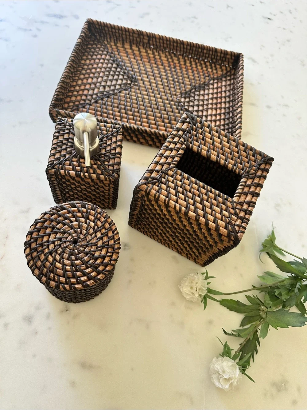 Woven Rattan Bath Set - Brown and Black